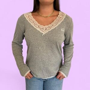 Polo Ralph Lauren Gray Lace Trim Long Sleeve Top